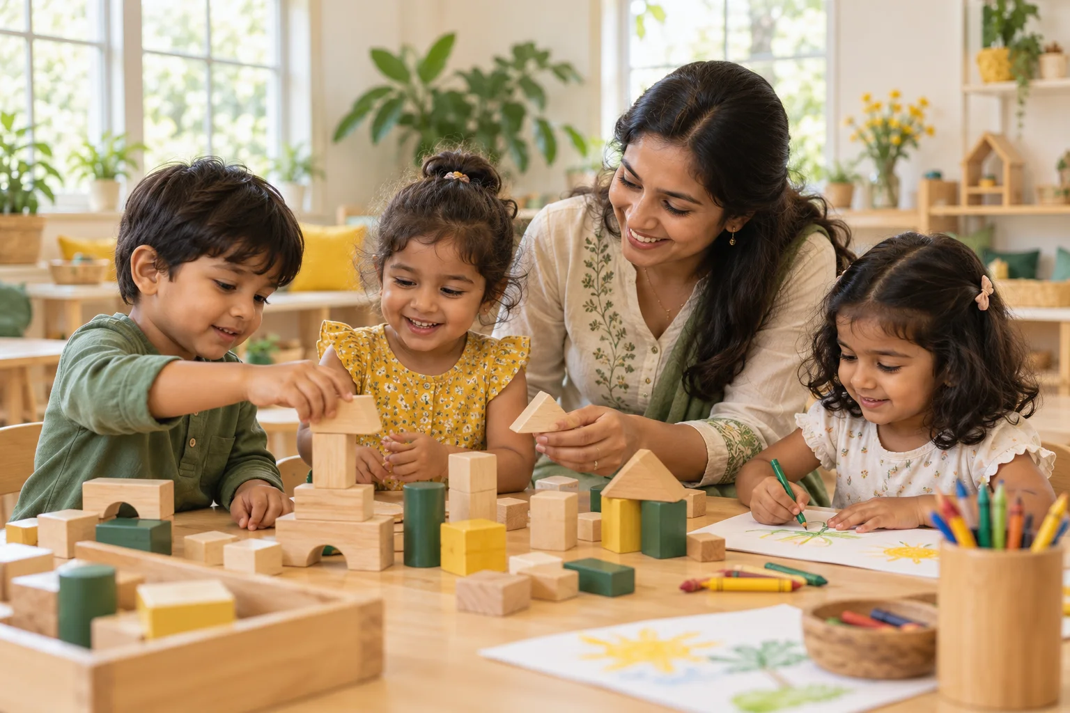 Illustrative preschool discovery activity with children and an educator